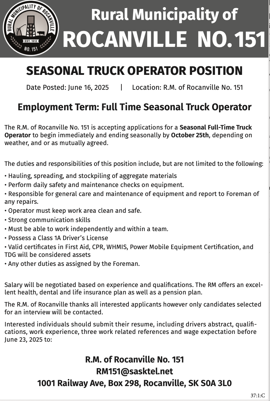 RM of Rocanville - Seasonal Truck Operator 